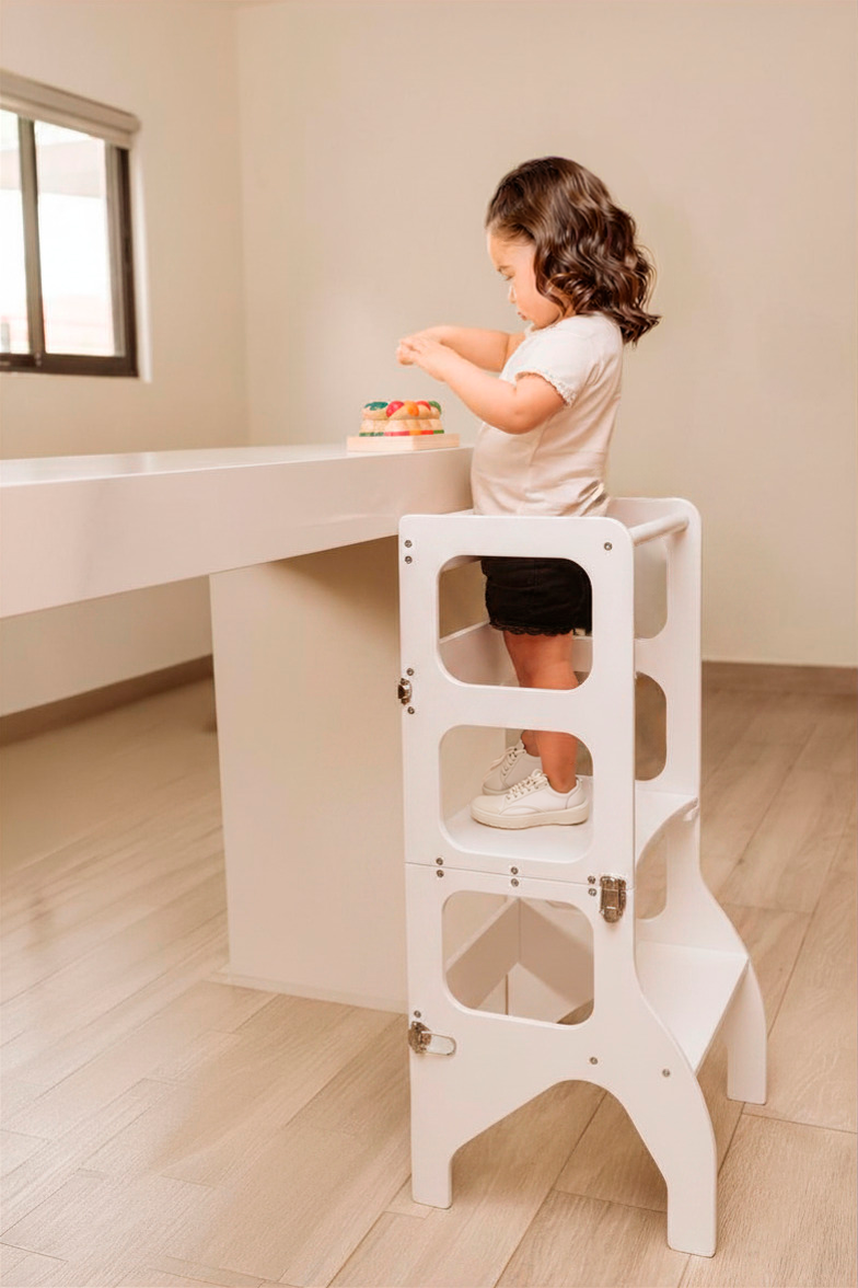 Torre de aprendizaje montessori 2 en 1 blanca